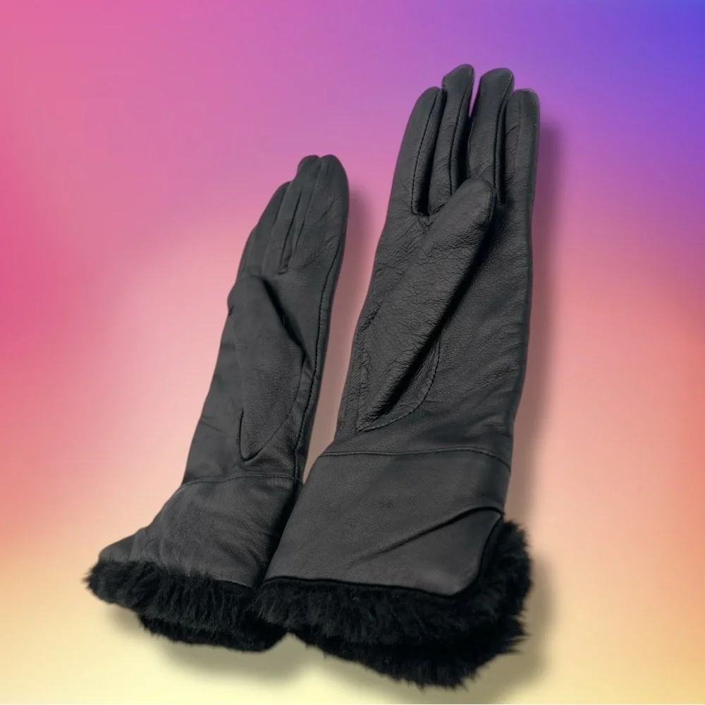 Ann Taylor LOFT Black Leather Faux Fur Lined Gloves Size Small